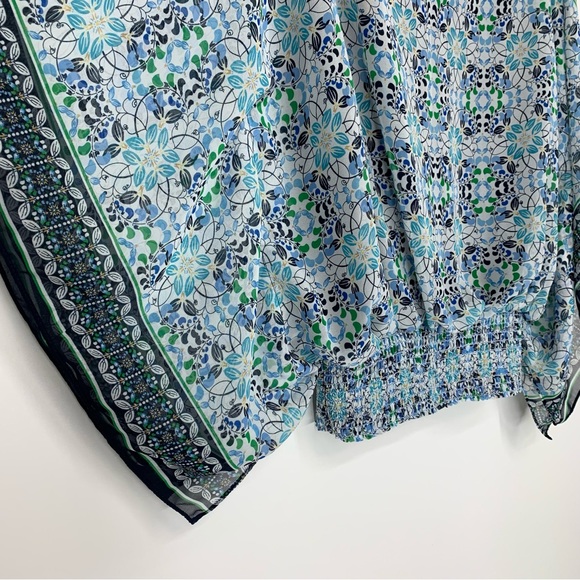 Max Studio Blue Green Geometric Print Slit Side Draped Sleeveless Stretch Blouse - Picture 9 of 16